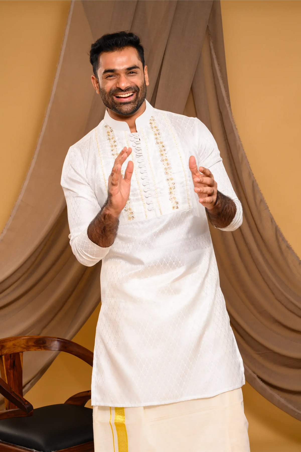Ivory Silk Brocade Kurta with Heavy Golden Handwork detailing on wide Placket Border (Kurta Only)