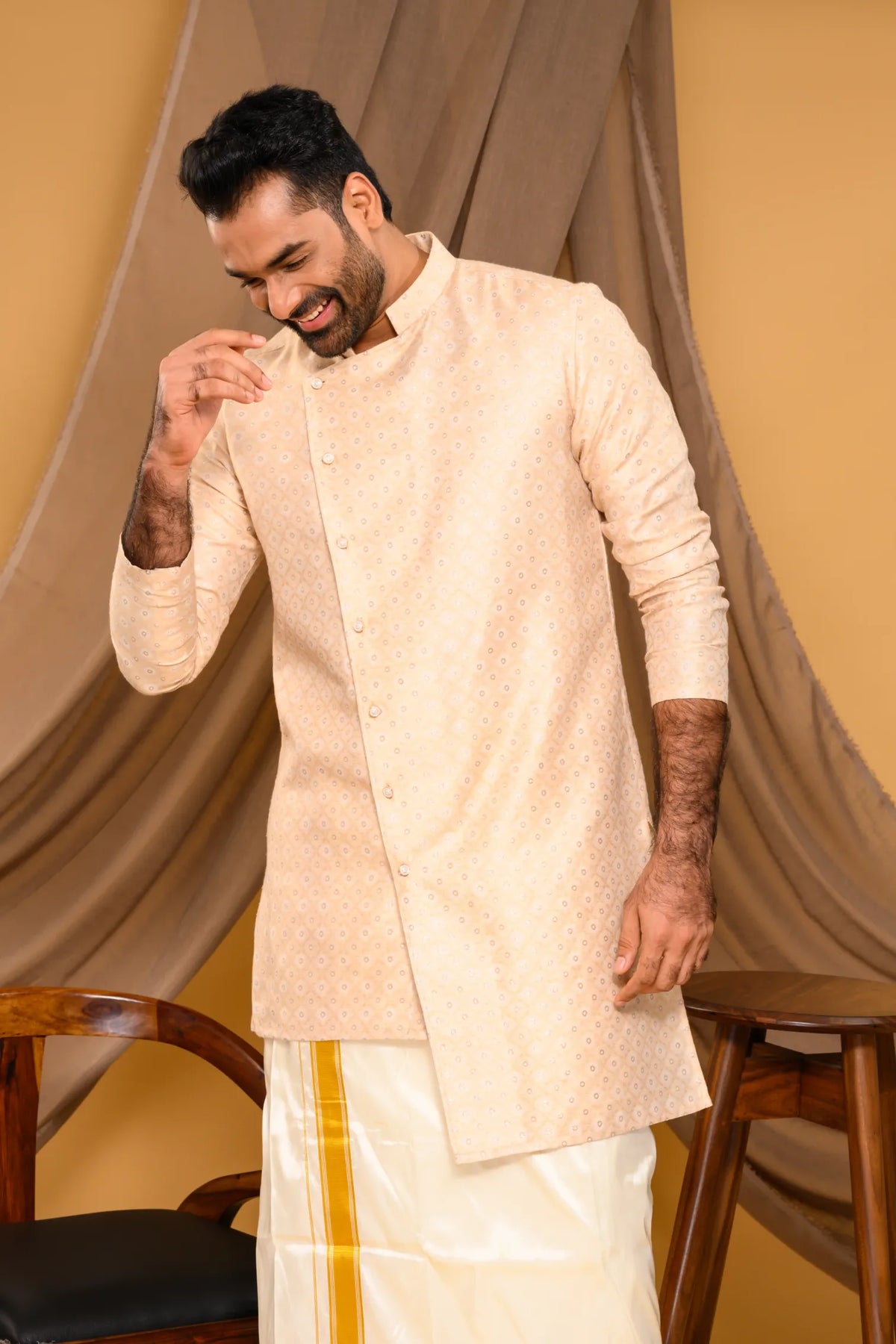 Light Champagne Golden Side Open Asymmetrical Brocade Kurta (Kurta + Munde)