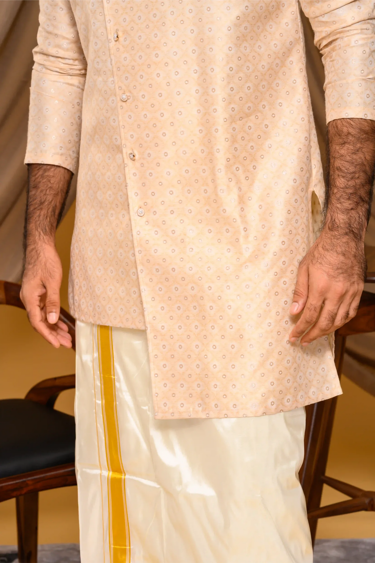 Light Champagne Golden Side Open Asymmetrical Brocade Kurta (Kurta Only)