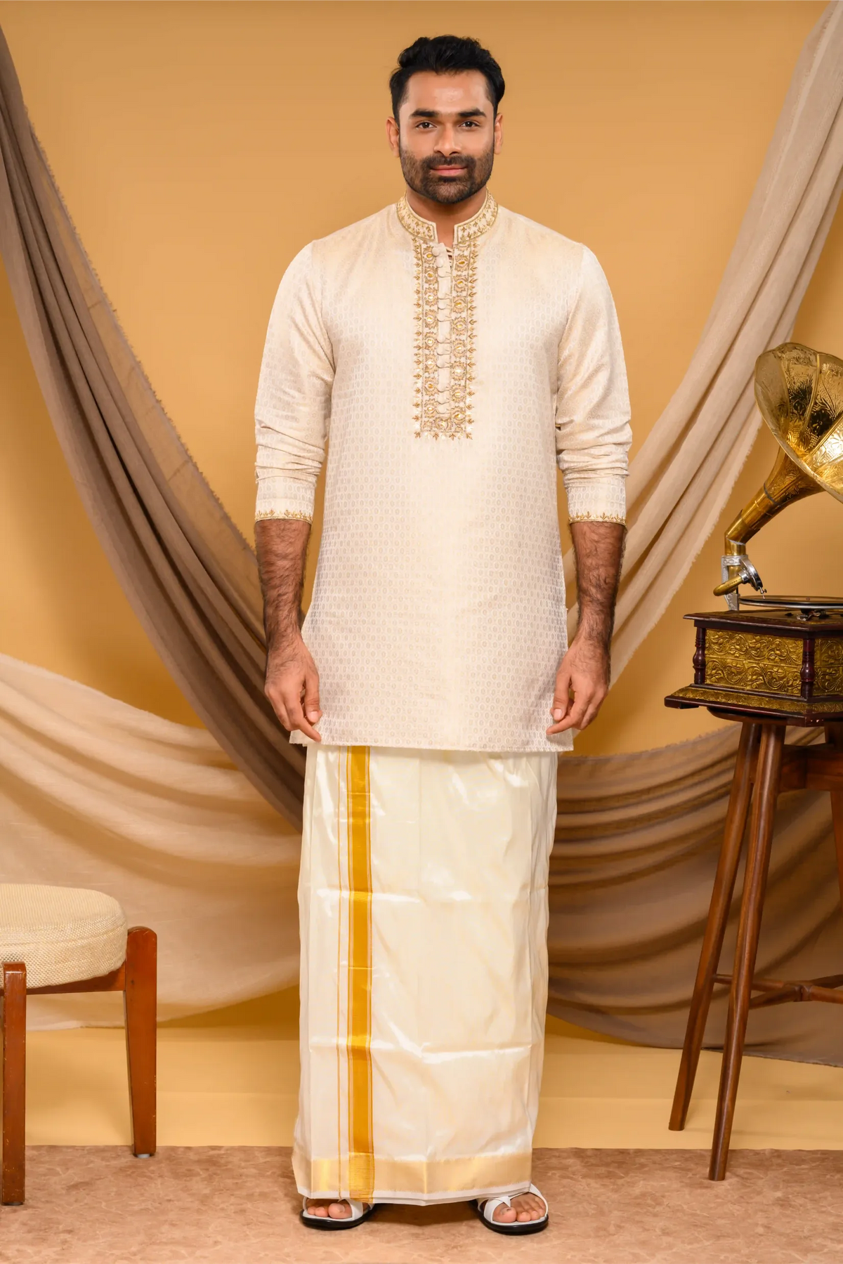 Oatmeal golden Silk Brocade Kurta with Heavy Golden Handwork detailing on neck, placket border & sleeve edge (Kurta + Munde + Melmunde)
