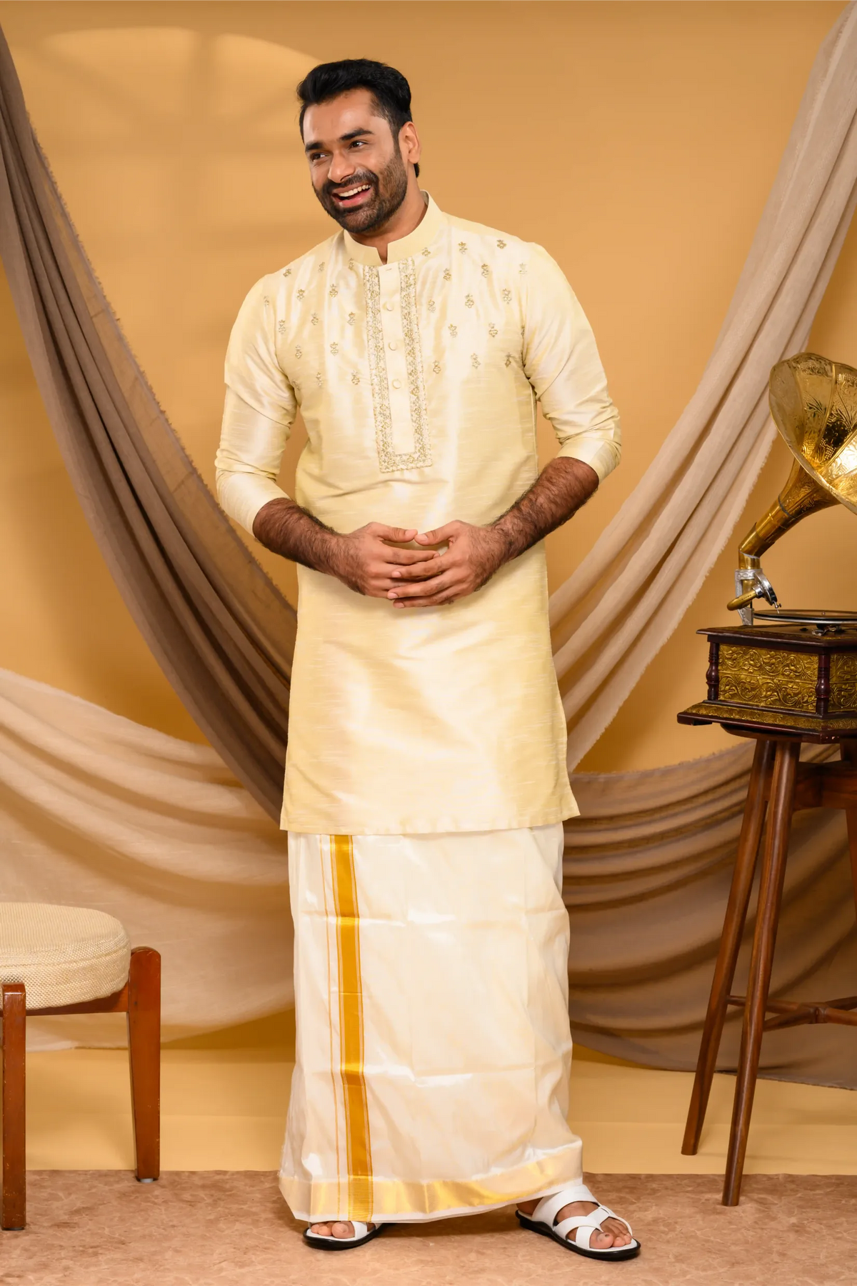 Light Golden Silk Kurta with Golden Handwork detailing on placket border & Chest  (Kurta + Munde)