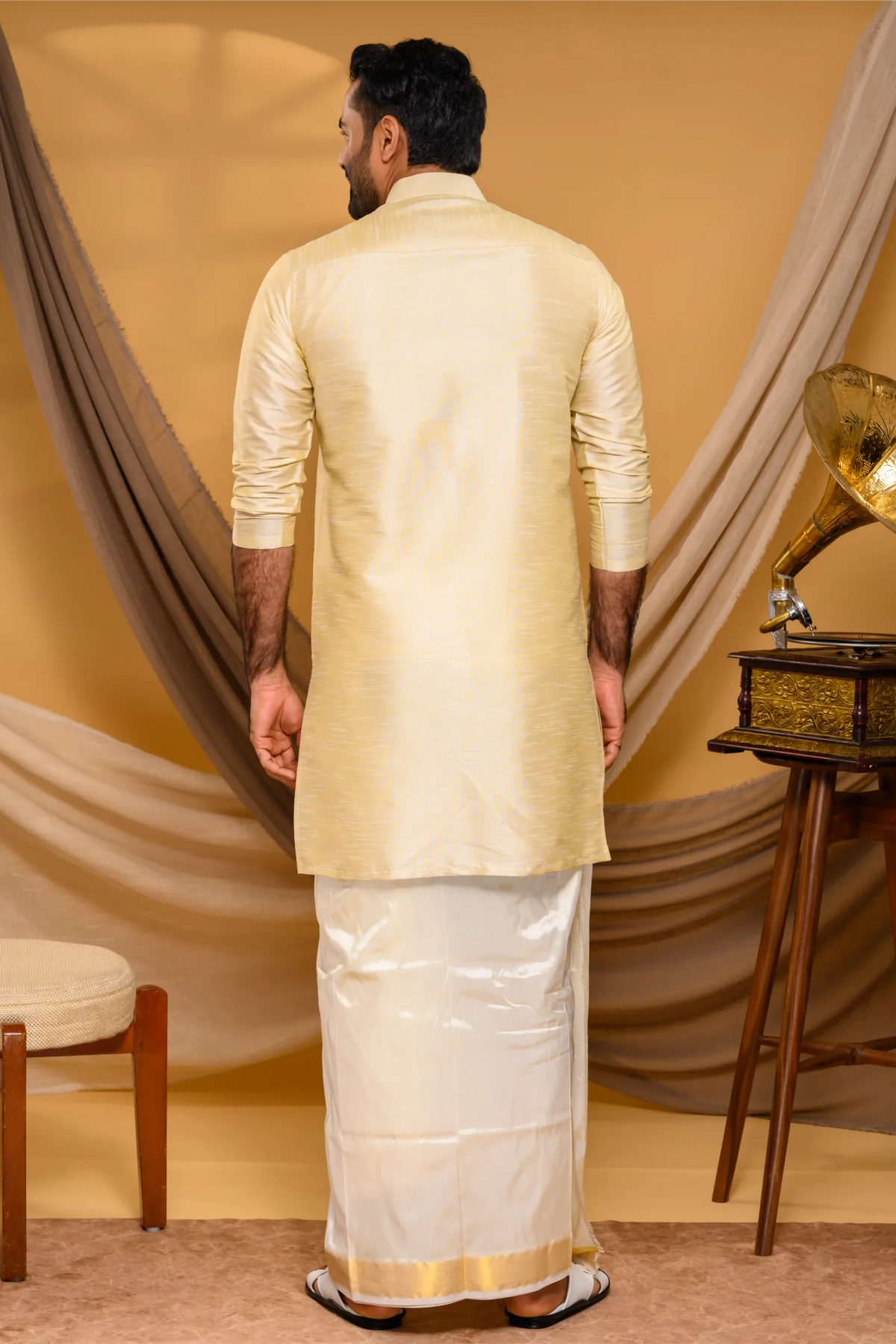 Light Golden Silk Kurta with Golden Handwork detailing on placket border & Chest  (Kurta + Munde)