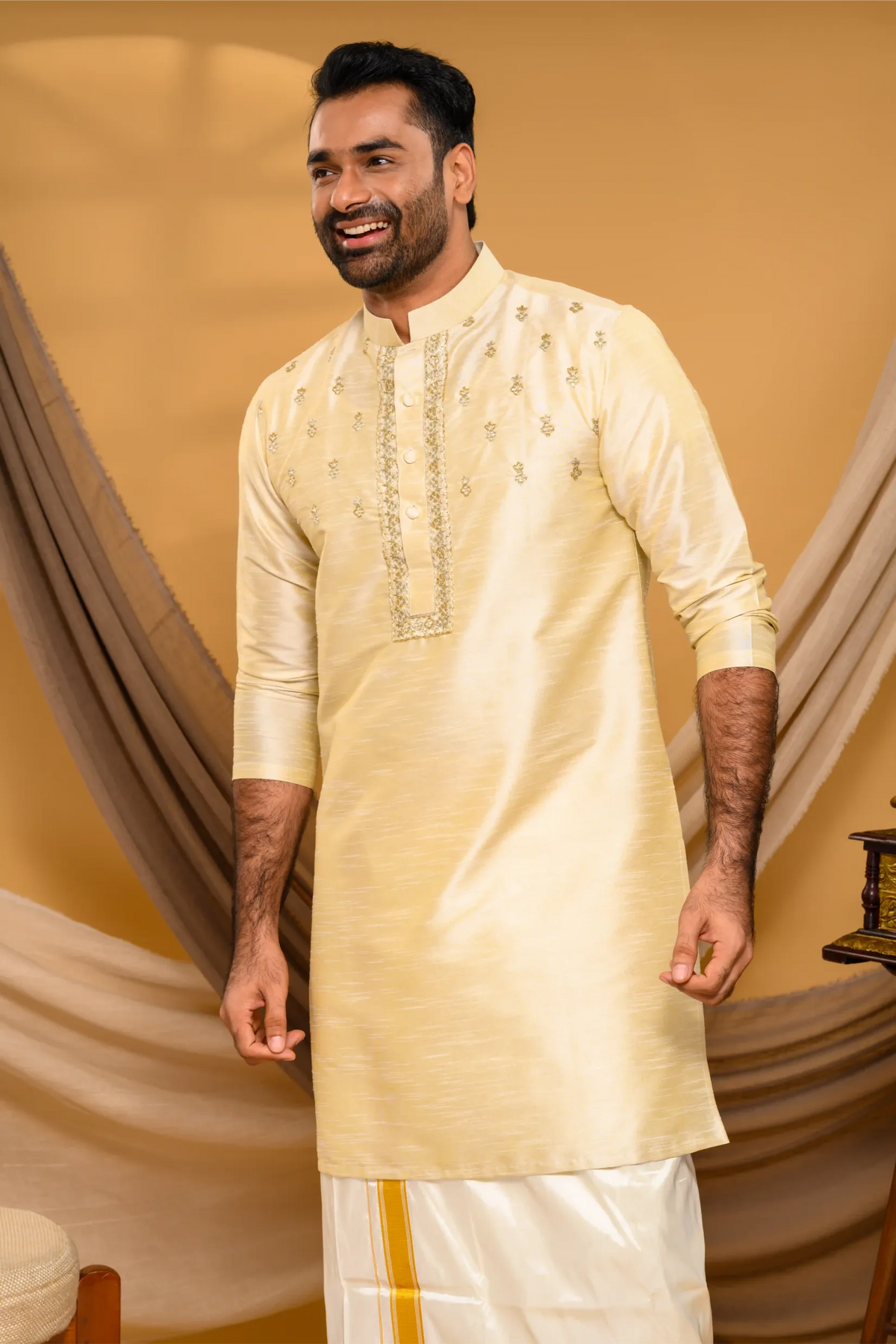 Light Golden Silk Kurta with Golden Handwork detailing on placket border & Chest  (Kurta + Munde)
