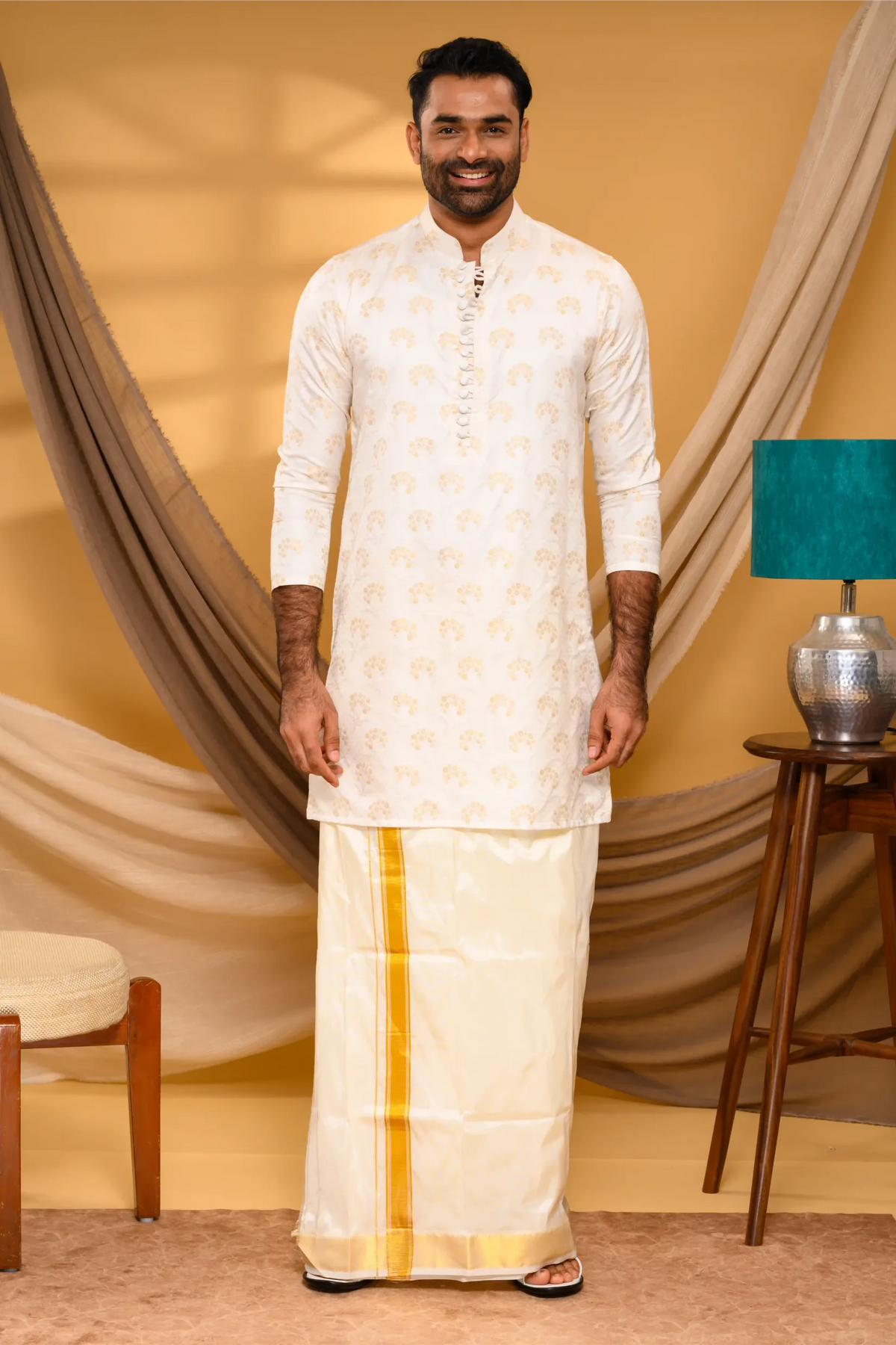 Ivory Silk Jacquard  Kurta with Surface Embroidery detailing (Kurta Only)