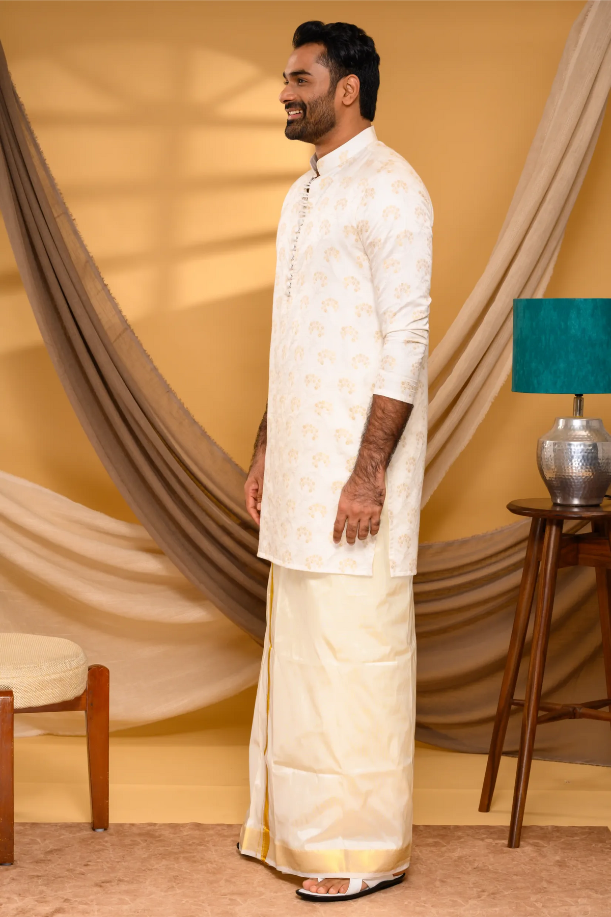 Ivory Silk Jacquard  Kurta with Surface Embroidery detailing (Kurta Only)