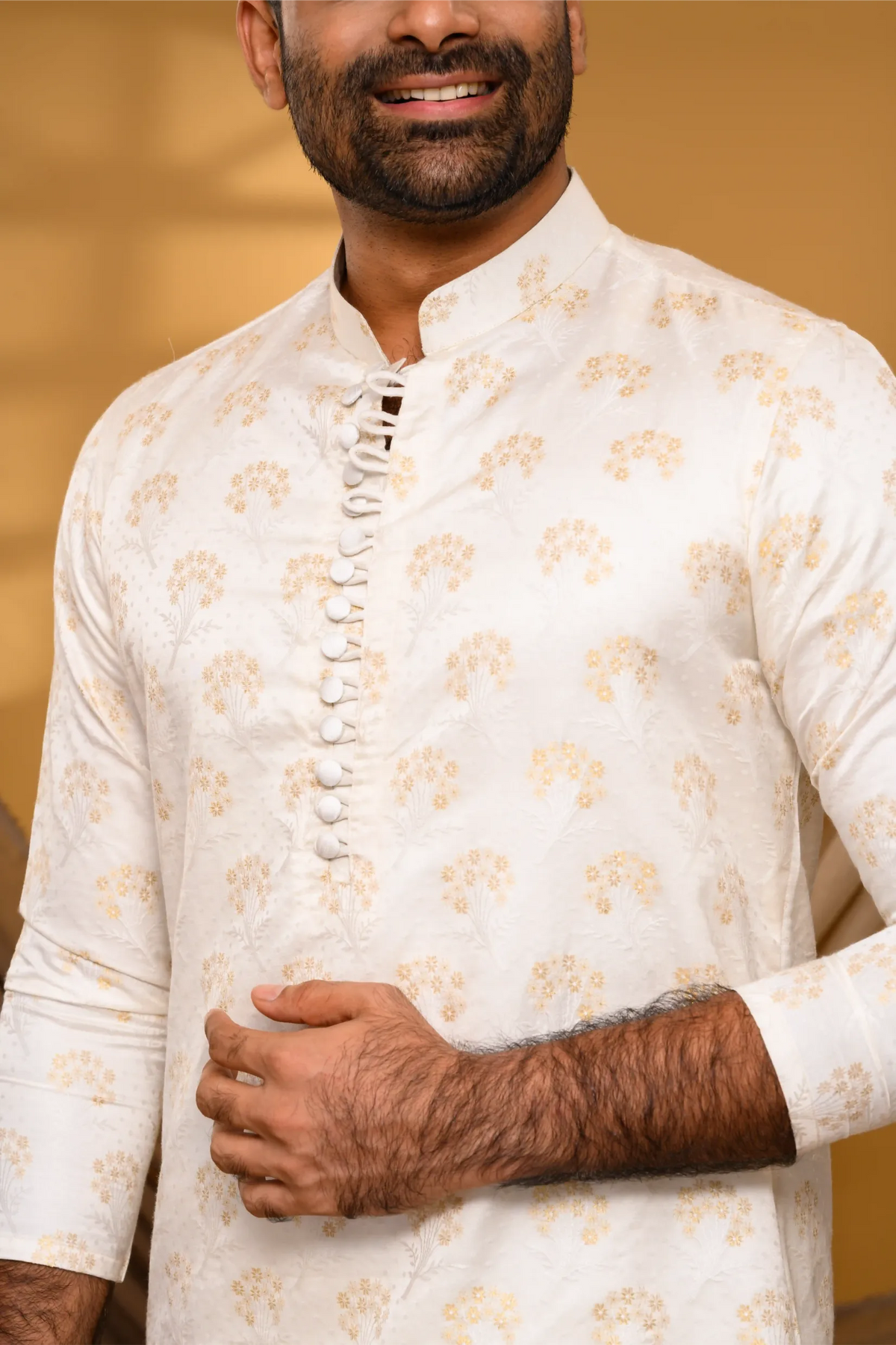 Ivory Silk Jacquard  Kurta with Surface Embroidery detailing (Kurta Only)
