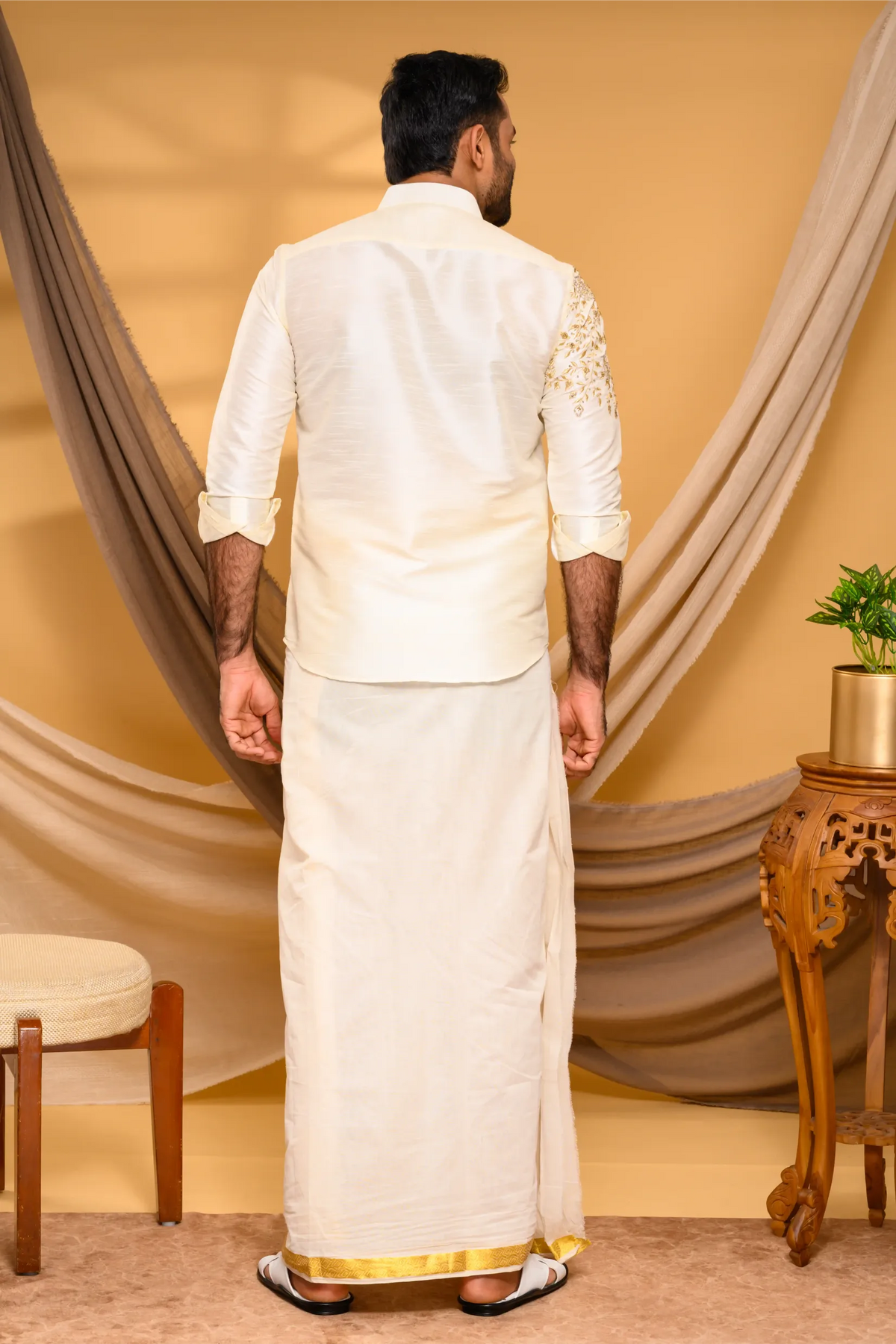 Ivory Silk  Traditional Shirt with Hand Embroidery detailing on Single Side (Shirt Only)