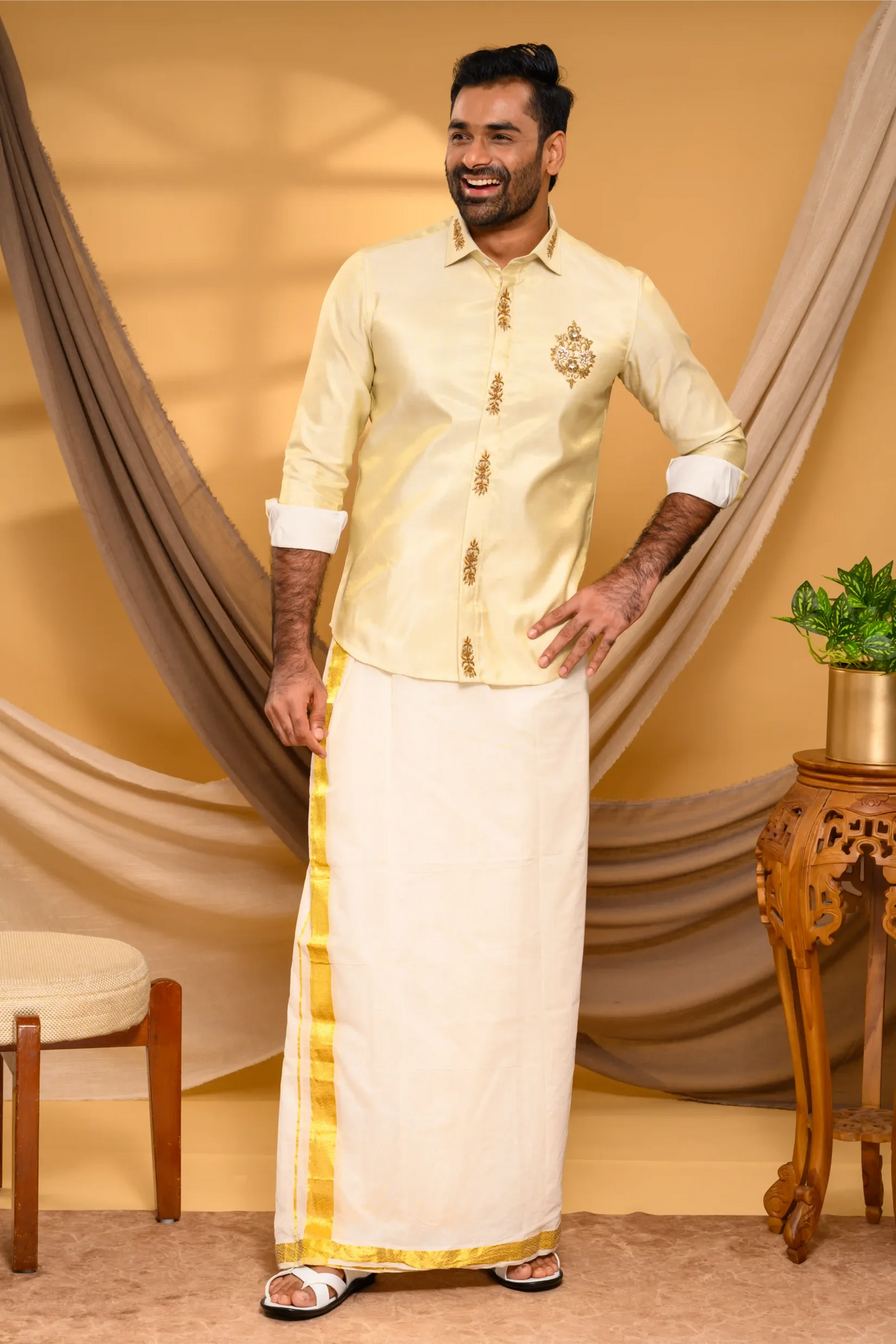 Light Golden Tissue Silk Shirt with Light Hand Embroidery Detailing (Shirt Only)