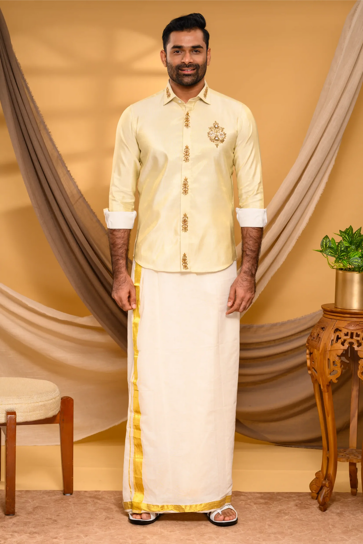 Light Golden Tissue Silk Shirt with Light Hand Embroidery Detailing (Shirt + Munde)