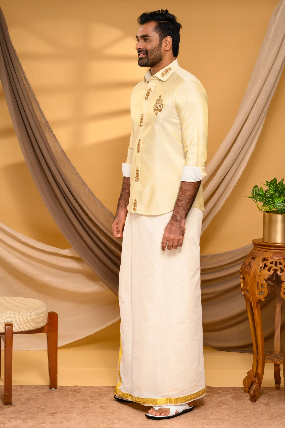 Light Golden Tissue Silk Shirt with Light Hand Embroidery Detailing (Shirt Only)