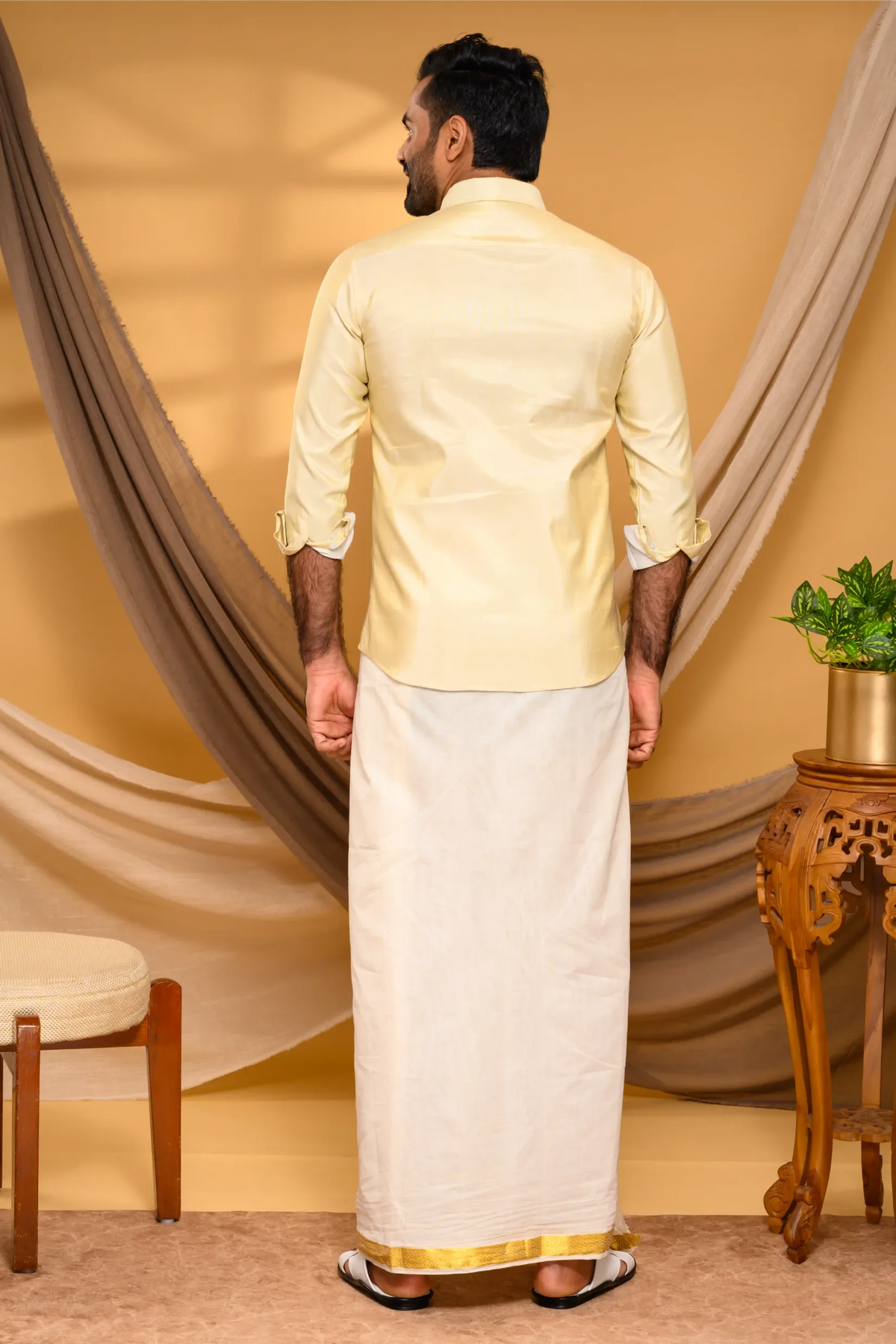 Light Golden Tissue Silk Shirt with Light Hand Embroidery Detailing (Shirt Only)