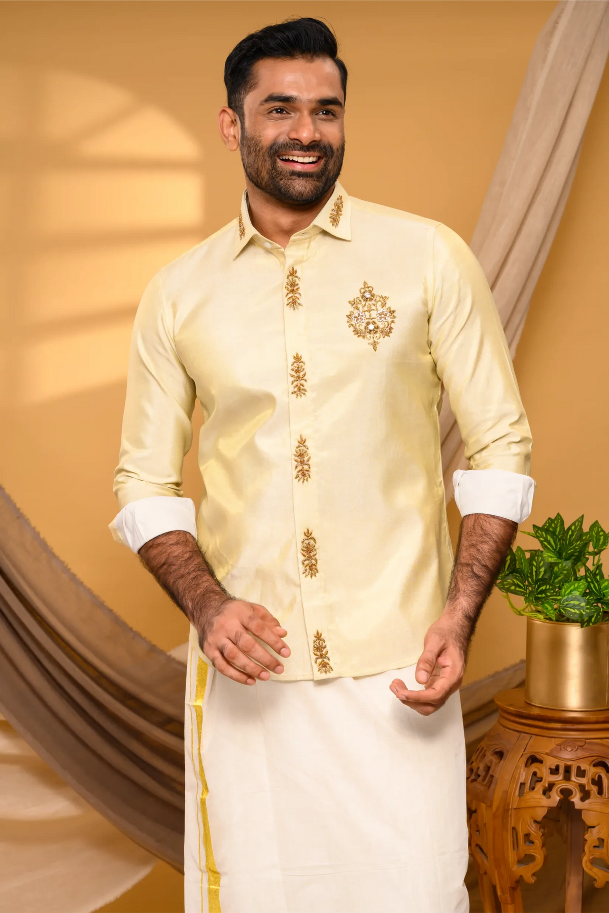 Light Golden Tissue Silk Shirt with Light Hand Embroidery Detailing (Shirt + Munde)