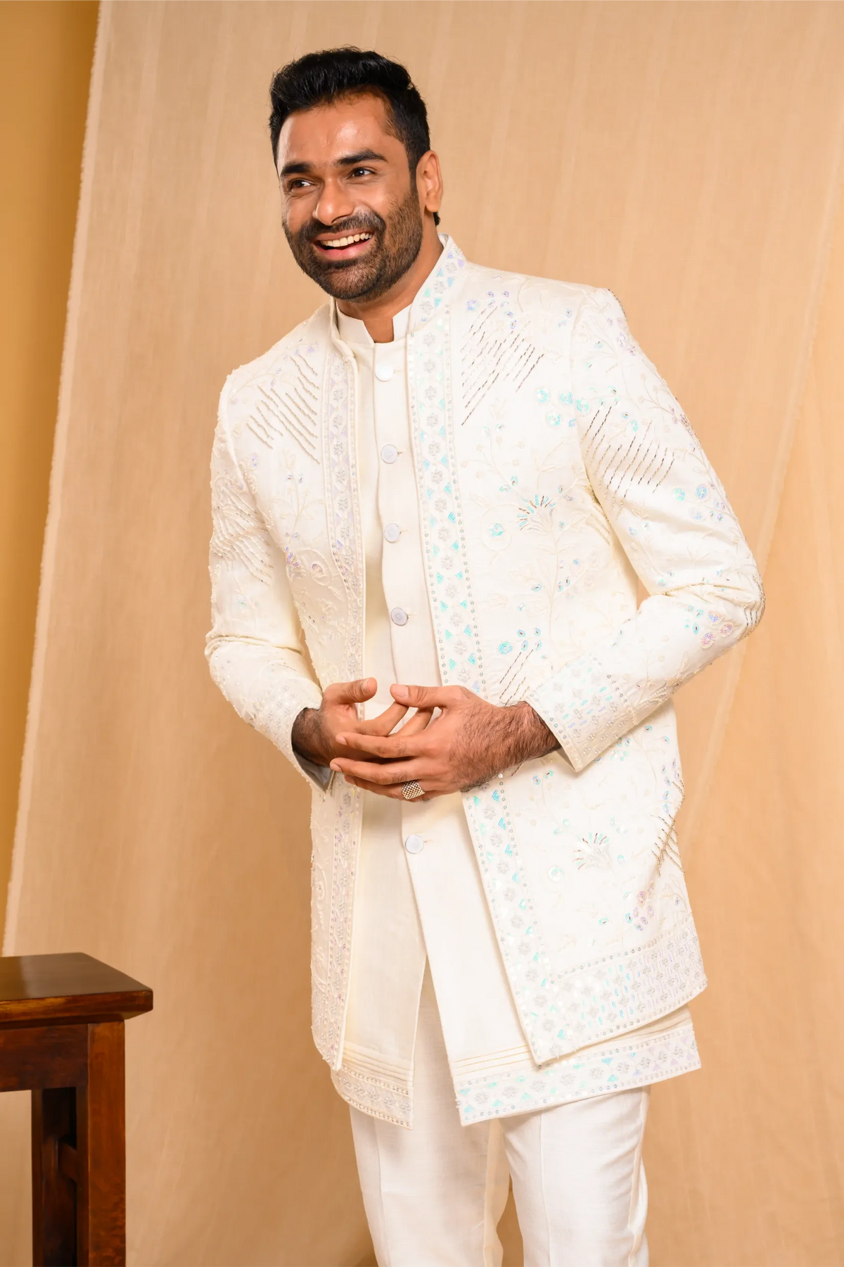 Embroidered Seashell Shade Open Indo Western Slim Jacket paired with Kurta & Narrow Pants (Set of 3)