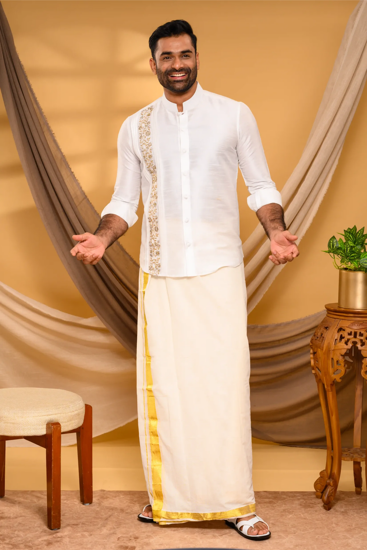 Ivory Silk Traditional Shirt with Pleats & Hand Embroidery detailing on Single Side (Shirt + Munde)