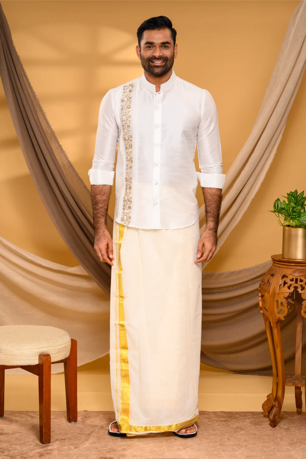 Ivory Silk Traditional Shirt with Pleats & Hand Embroidery detailing on Single Side (Shirt + Munde)