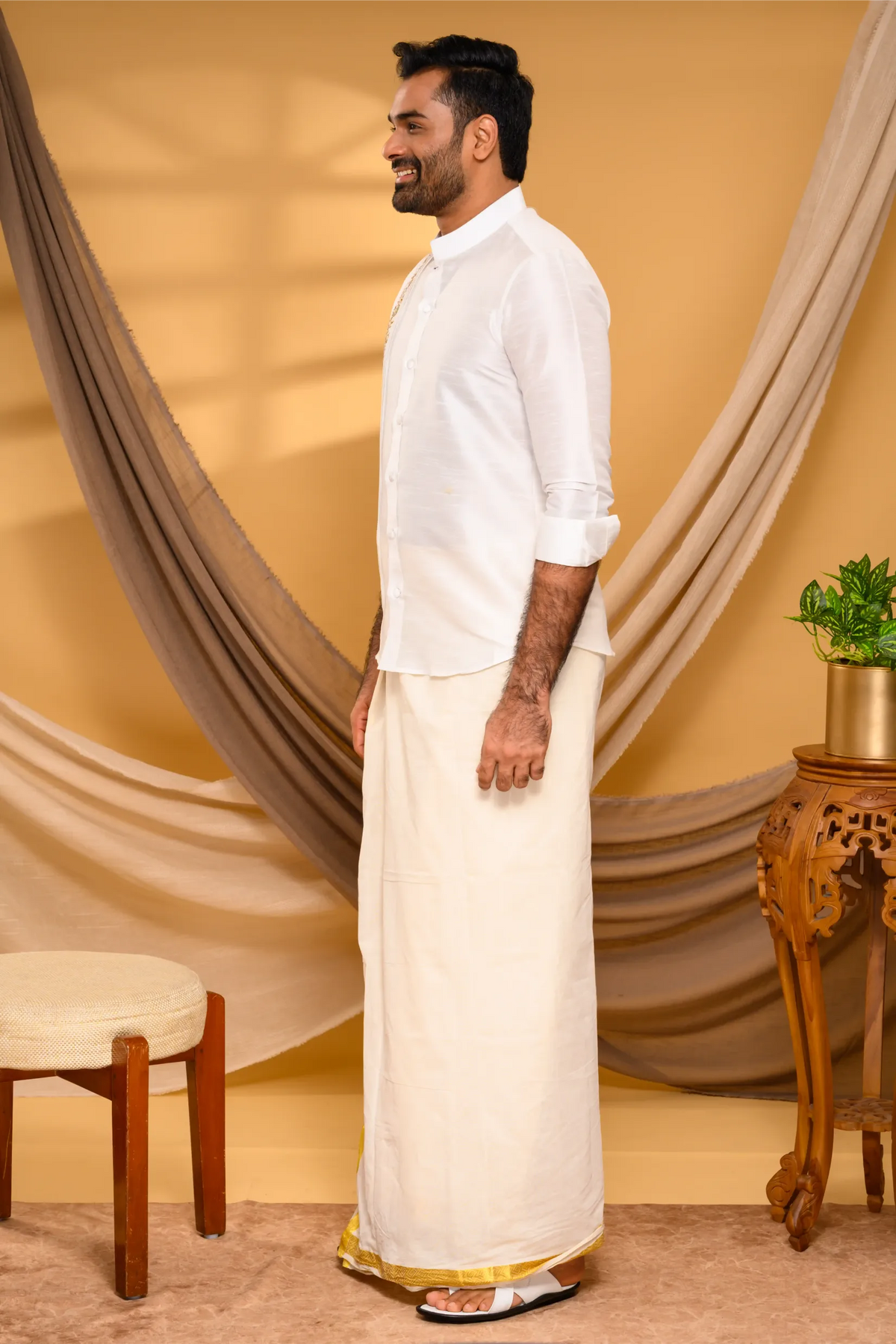 Ivory Silk Traditional Shirt with Pleats & Hand Embroidery detailing on Single Side (Shirt + Munde)