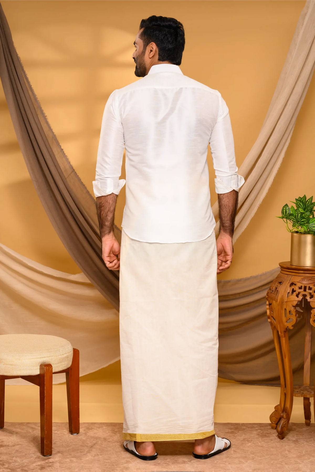 Ivory Silk Traditional Shirt with Pleats & Hand Embroidery detailing on Single Side (Shirt + Munde)