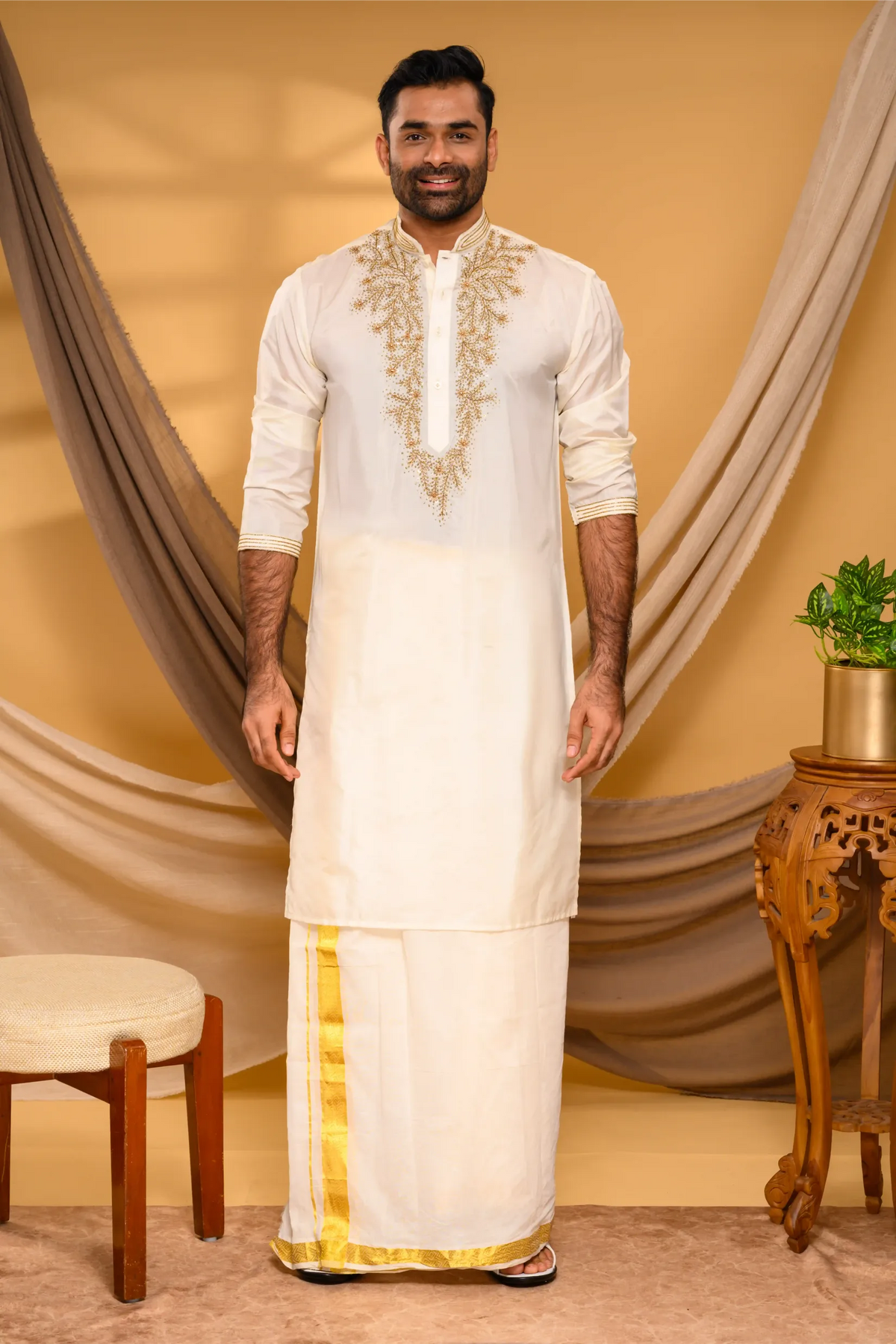 Ivory Silk Kurta with Heavy Hand Embroidery detailing on Chest - Zari Detailing on Neck & Sleeve Edge (Kurta + Munde +Melmunde)