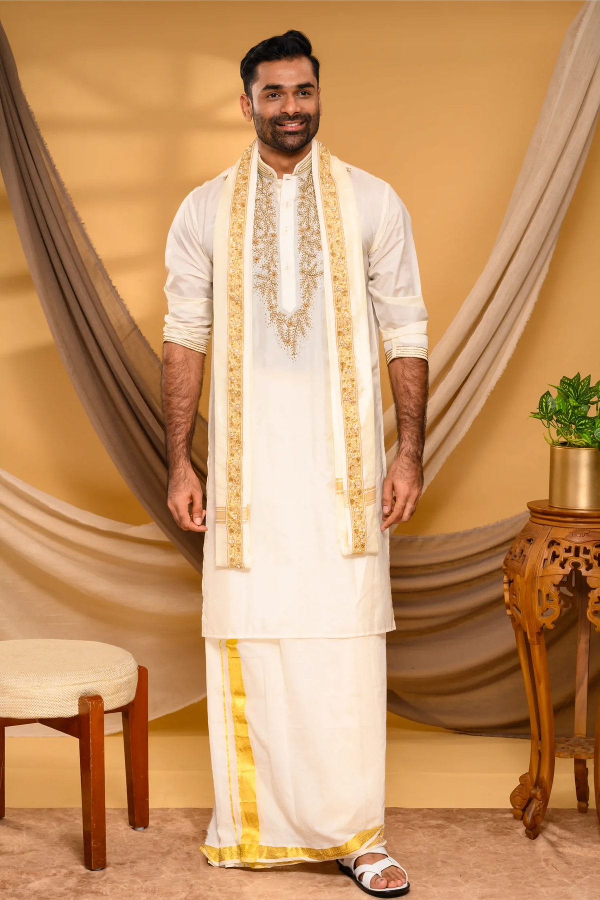 Ivory Silk Kurta with Heavy Hand Embroidery detailing on Chest - Zari Detailing on Neck & Sleeve Edge (Kurta + Munde +Melmunde)