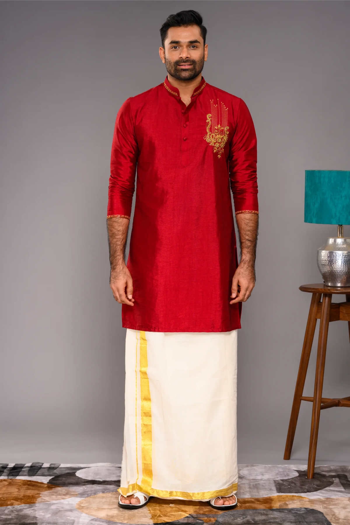 Saffron Red Silk Kurta with Hand Embroidery Motif detailing on Chest - Zari Detailing on Neck & Sleeve Edge (Kurta Only)