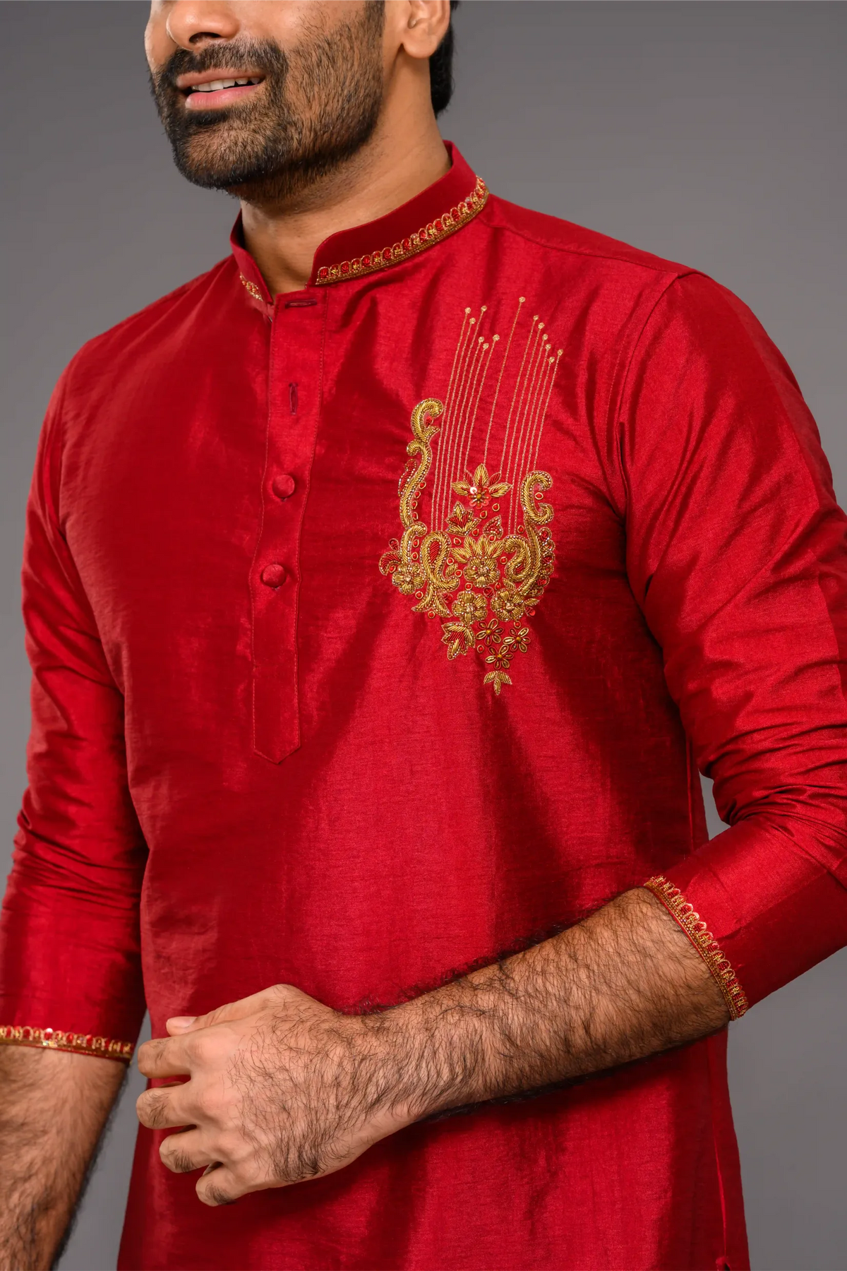 Saffron Red Silk Kurta with Hand Embroidery Motif detailing on Chest - Zari Detailing on Neck & Sleeve Edge (Kurta + Munde)