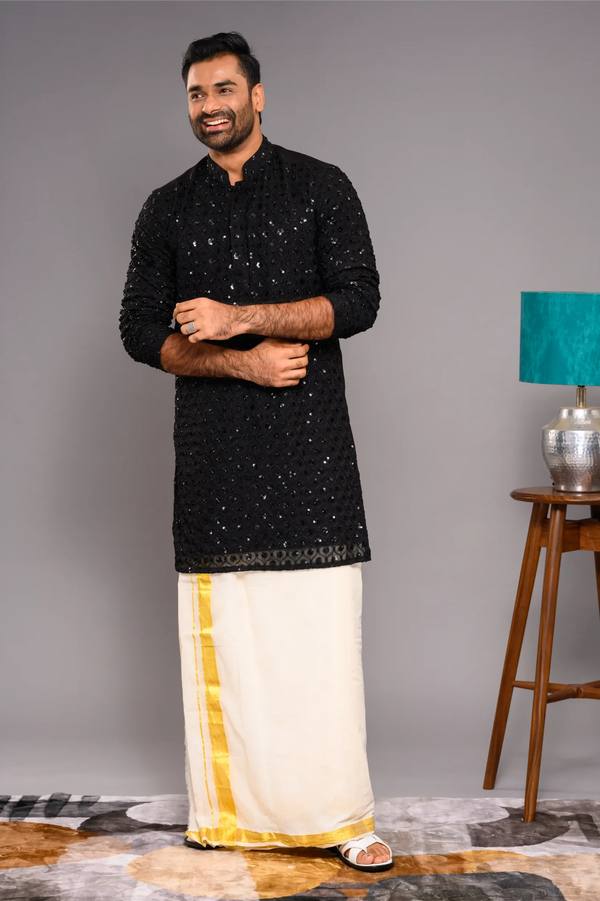 Designer Black Kurta with Glossy Self Surface Embroidery (Kurta + Munde)