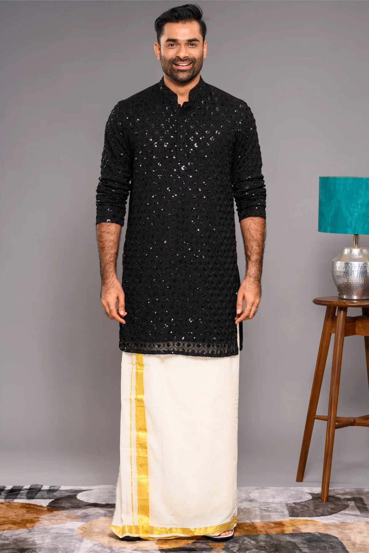Designer Black Kurta with Glossy Self Surface Embroidery (Kurta + Munde)