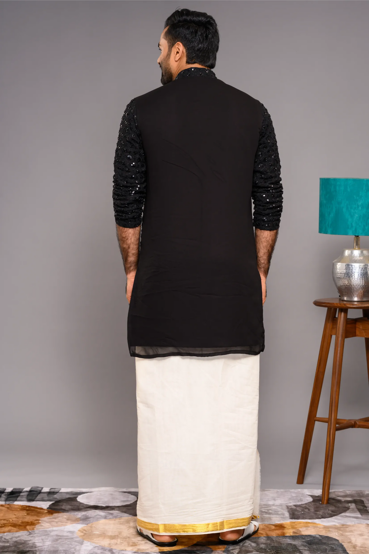 Designer Black Kurta with Glossy Self Surface Embroidery (Kurta + Munde)
