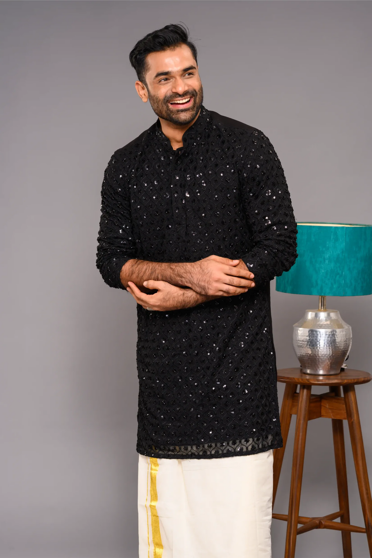 Designer Black Kurta with Glossy Self Surface Embroidery (Kurta + Munde)