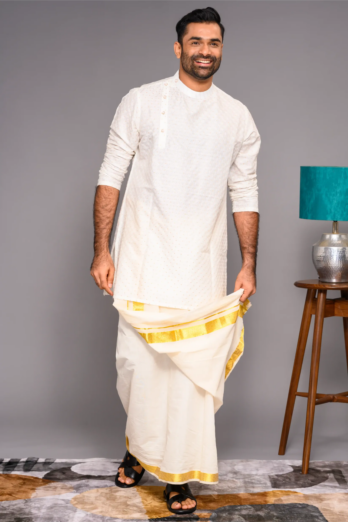 Classic Ivory Silk Kurta with side open closure opening with surface fabric embroidery (Kurta + Munde)