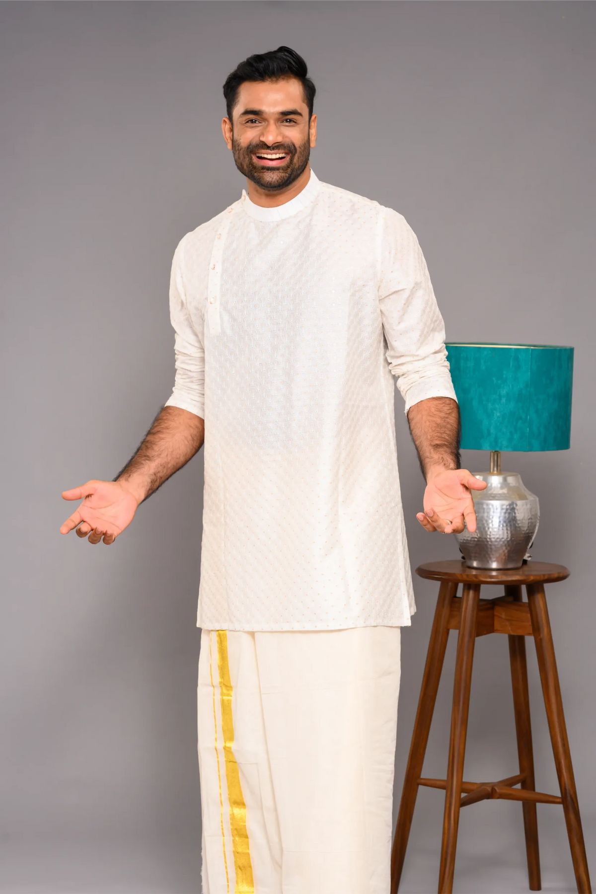 Classic Ivory Silk Kurta with side open closure opening with surface fabric embroidery (Kurta + Munde)