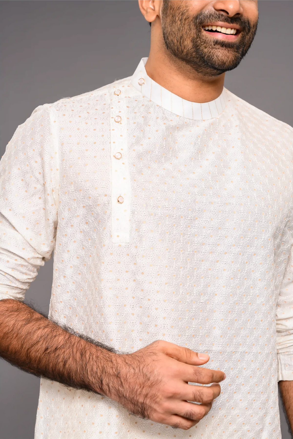 Classic Ivory Silk Kurta with side open closure opening with surface fabric embroidery (Kurta Only)