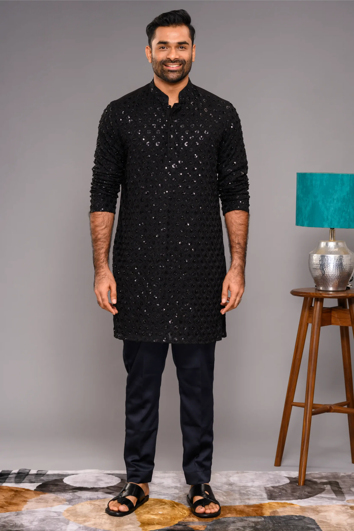 Designer Black Kurta with Glossy Self Surface Embroidery (Kurta + Narrow Pants)