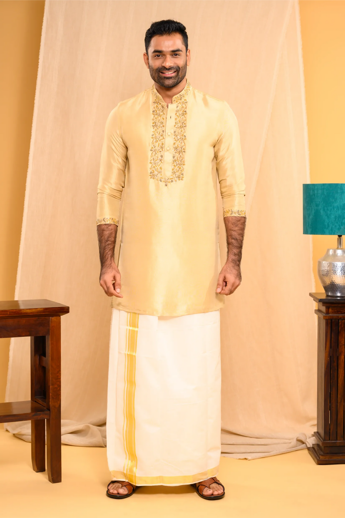 Light Golden Silk Kurta with Heavy Golden Handwork detailing on wide placket border & sleeve edge (Kurta + Munde + Melmunde)