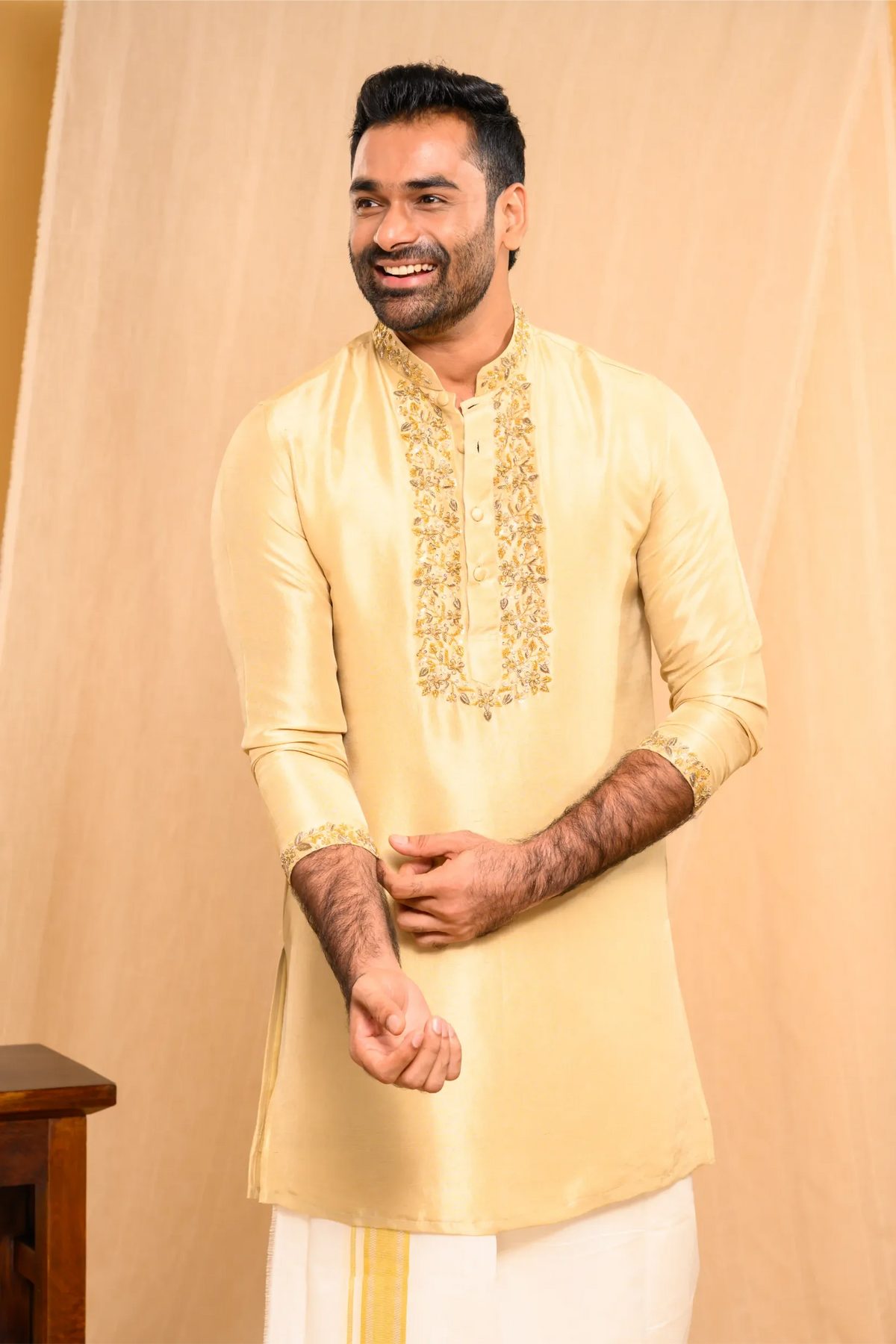 Light Golden Silk Kurta with Heavy Golden Handwork detailing on wide placket border & sleeve edge (Kurta + Munde + Melmunde)