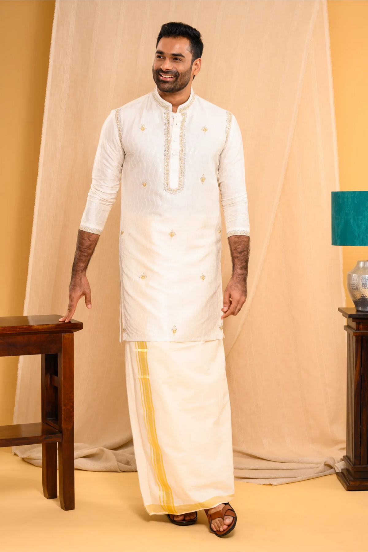 Ivory Silk Kurta  with floral embroidery detailing on Shoulder Lines, Sleeves Edge & Neck (Kurta + Munde)