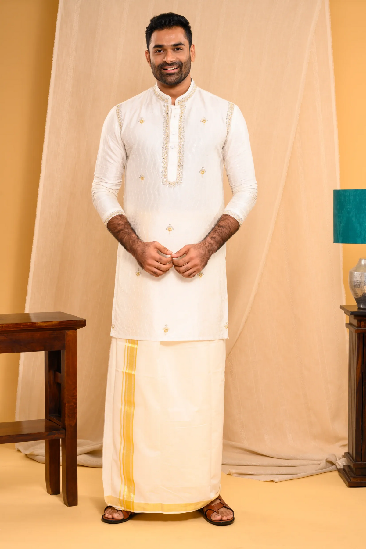 Ivory Silk Kurta  with floral embroidery detailing on Shoulder Lines, Sleeves Edge & Neck (Kurta Only)