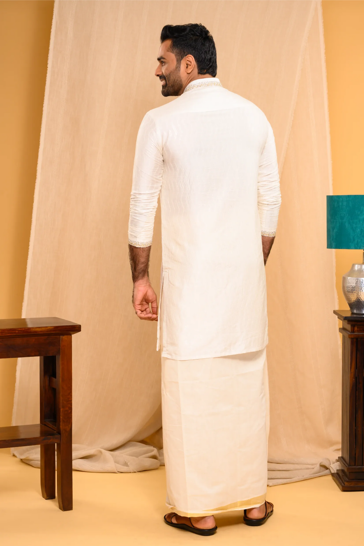 Ivory Silk Kurta  with floral embroidery detailing on Shoulder Lines, Sleeves Edge & Neck (Kurta Only)