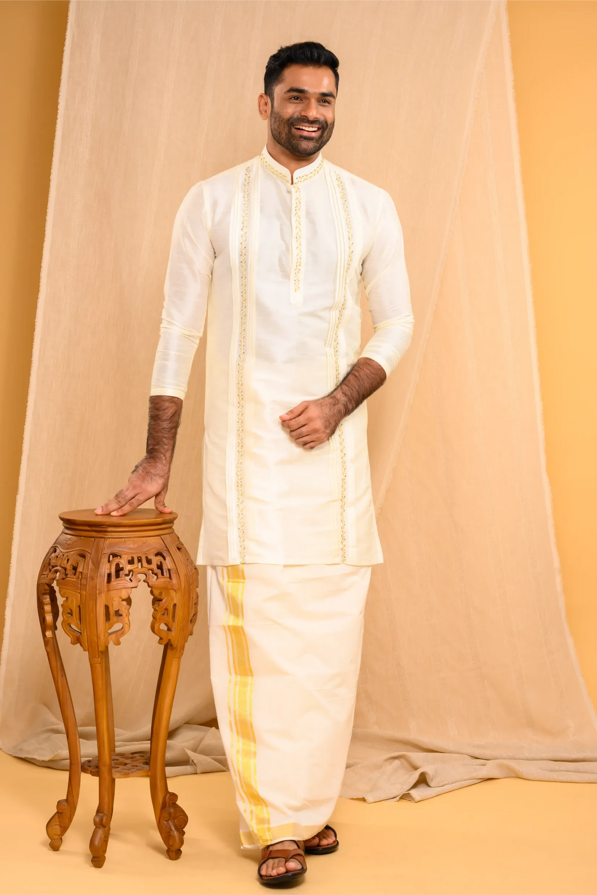 Ivory Silk Kurta with Hand Embroidery & pleat detailing (Kurta + Munde)