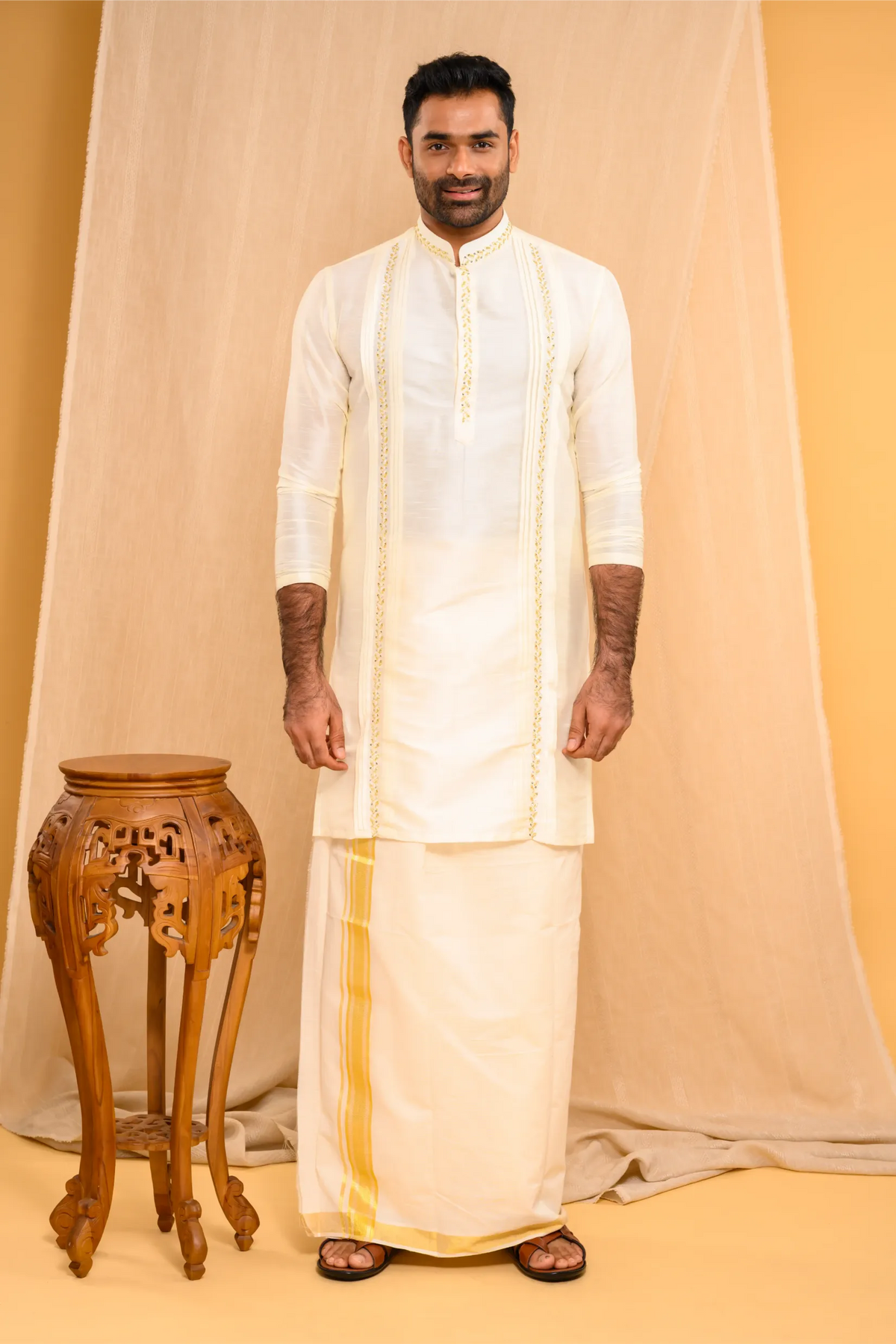 Ivory Silk Kurta with Hand Embroidery & pleat detailing (Kurta + Munde)
