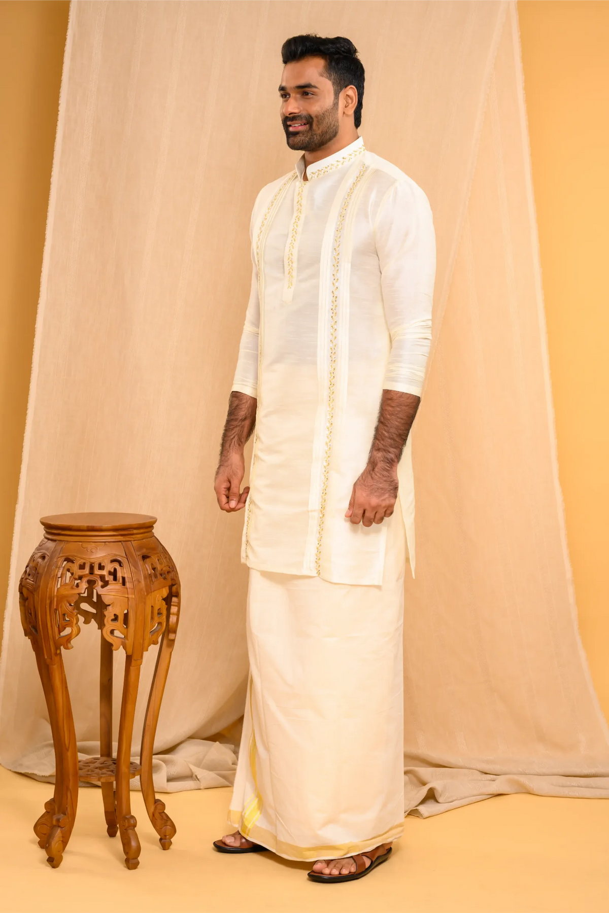 Ivory Silk Kurta with Hand Embroidery & pleat detailing (Kurta + Munde)