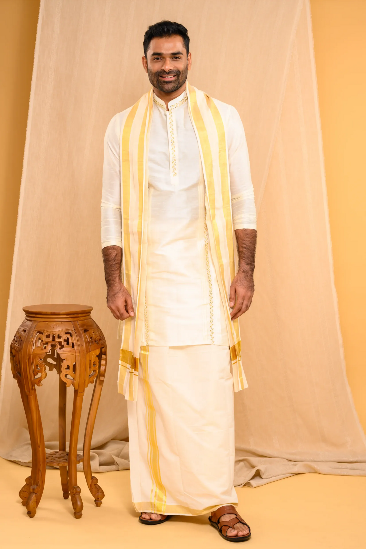 Ivory Silk Kurta with Hand Embroidery & pleat detailing (Kurta + Munde)
