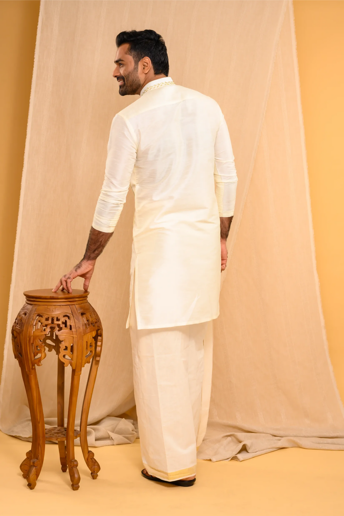 Ivory Silk Kurta with Hand Embroidery & pleat detailing (Kurta + Munde)