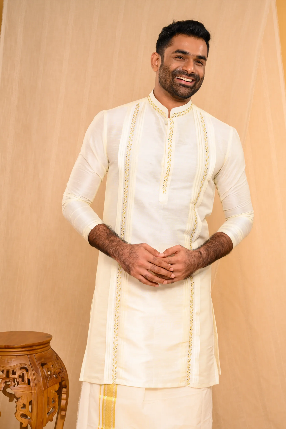 Ivory Silk Kurta with Hand Embroidery & pleat detailing (Kurta + Munde)