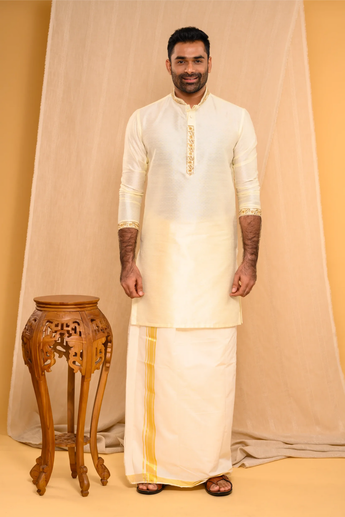 Self Design Silk Kurta with Light Hand Embroidery detailing  on placket, sleeve edge & Neck (Kurta + Munde + Melmunde)