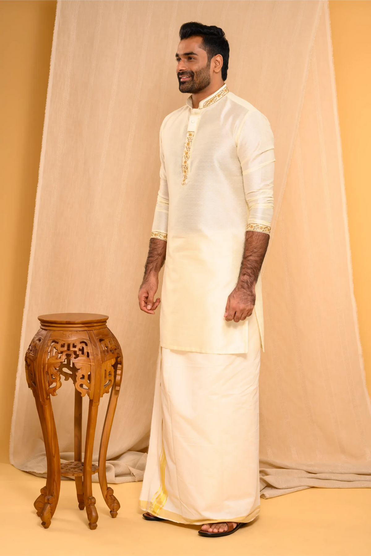 Self Design Silk Kurta with Light Hand Embroidery detailing  on placket, sleeve edge & Neck (Kurta + Munde + Melmunde)
