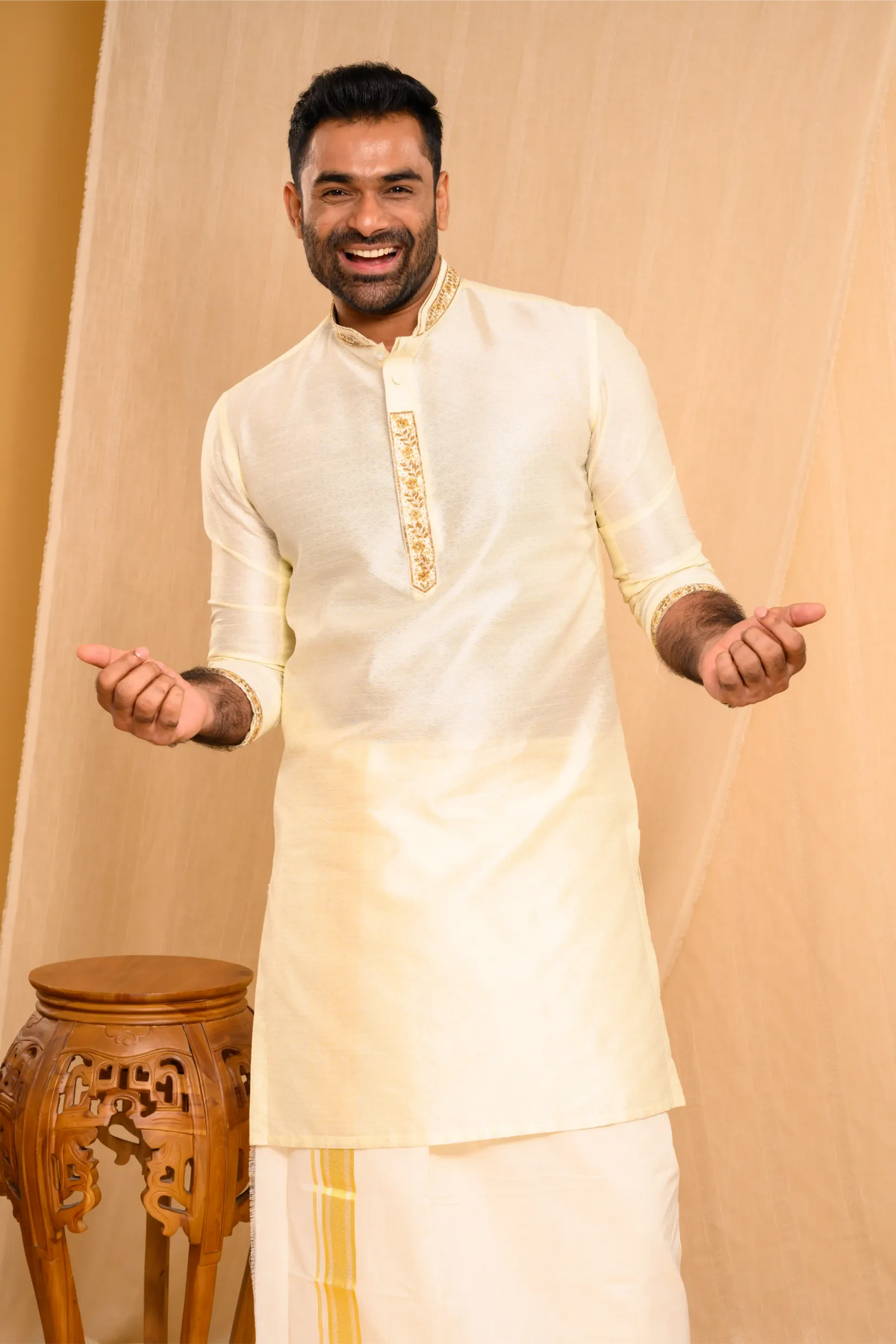 Self Design Silk Kurta with Light Hand Embroidery detailing  on placket, sleeve edge & Neck (Kurta Only)