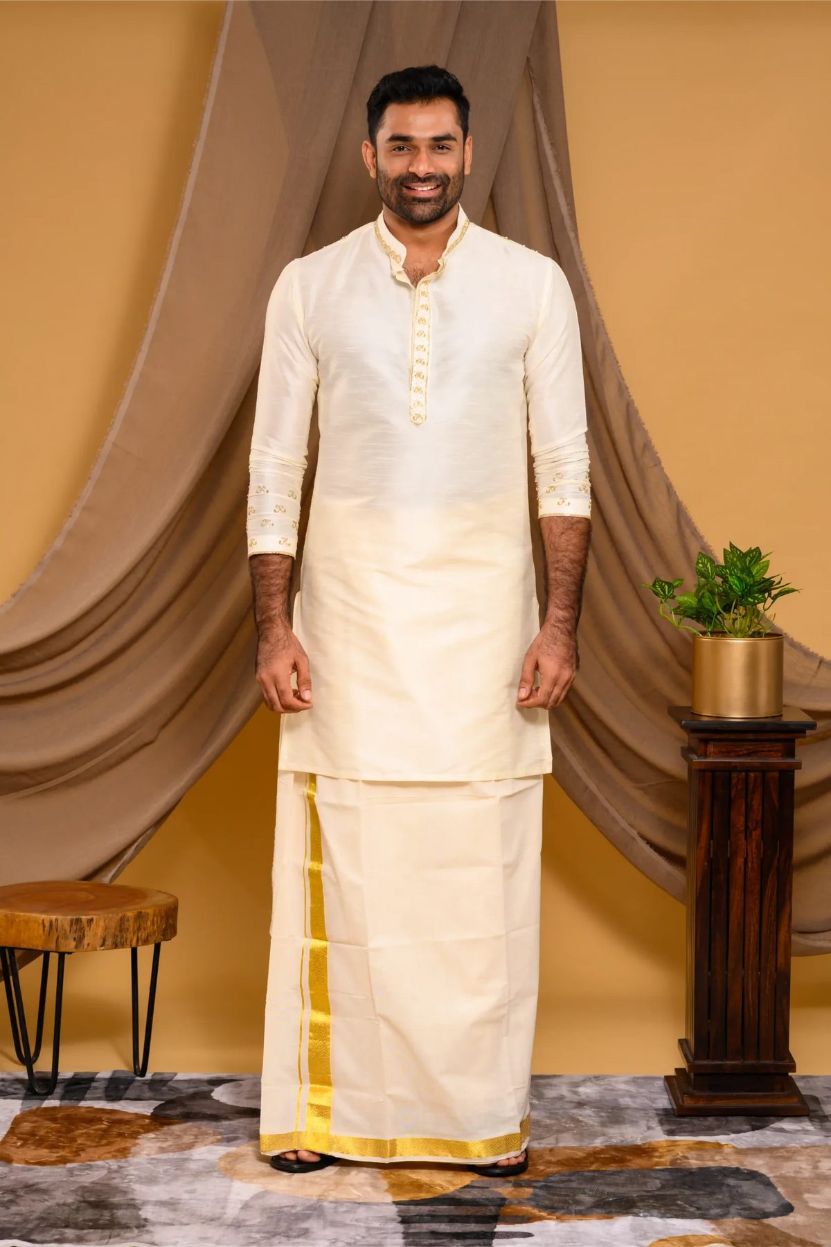 Ivory Silk Kurta with Light Hand Embroidery detailing on placket, sleeve edge & Neck (Kurta + Munde + Melmunde)
