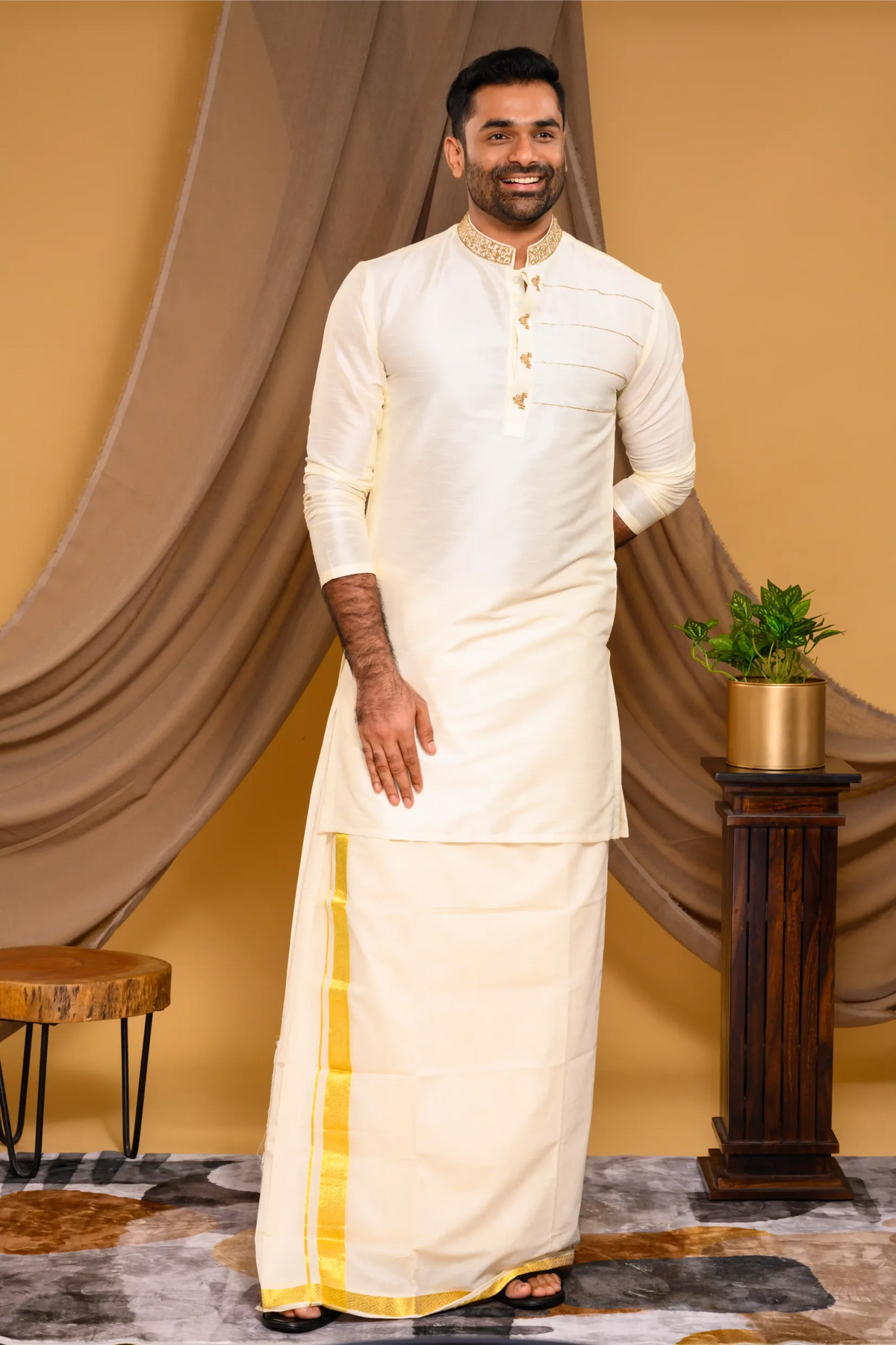 Ivory Silk Kurta with Hand Embroidery detailing on Neck & Zari Detailing on Chest (Kurta + Munde)