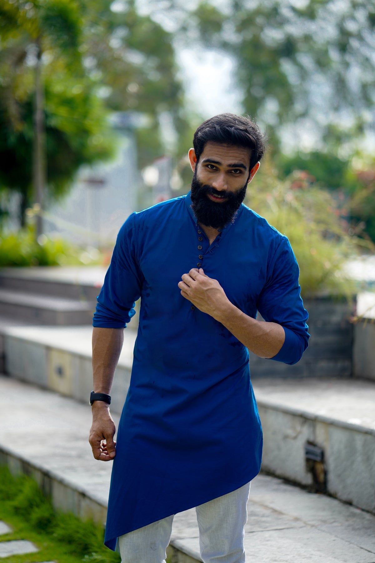 Azure Blue Asymmetrical Kurta Set (Kurta + White Bottom Pants)
